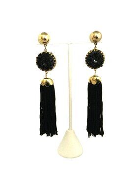 Vintage 80s Dramatic Black Tassel Gold Pierced Earrings 4” Runway Statement